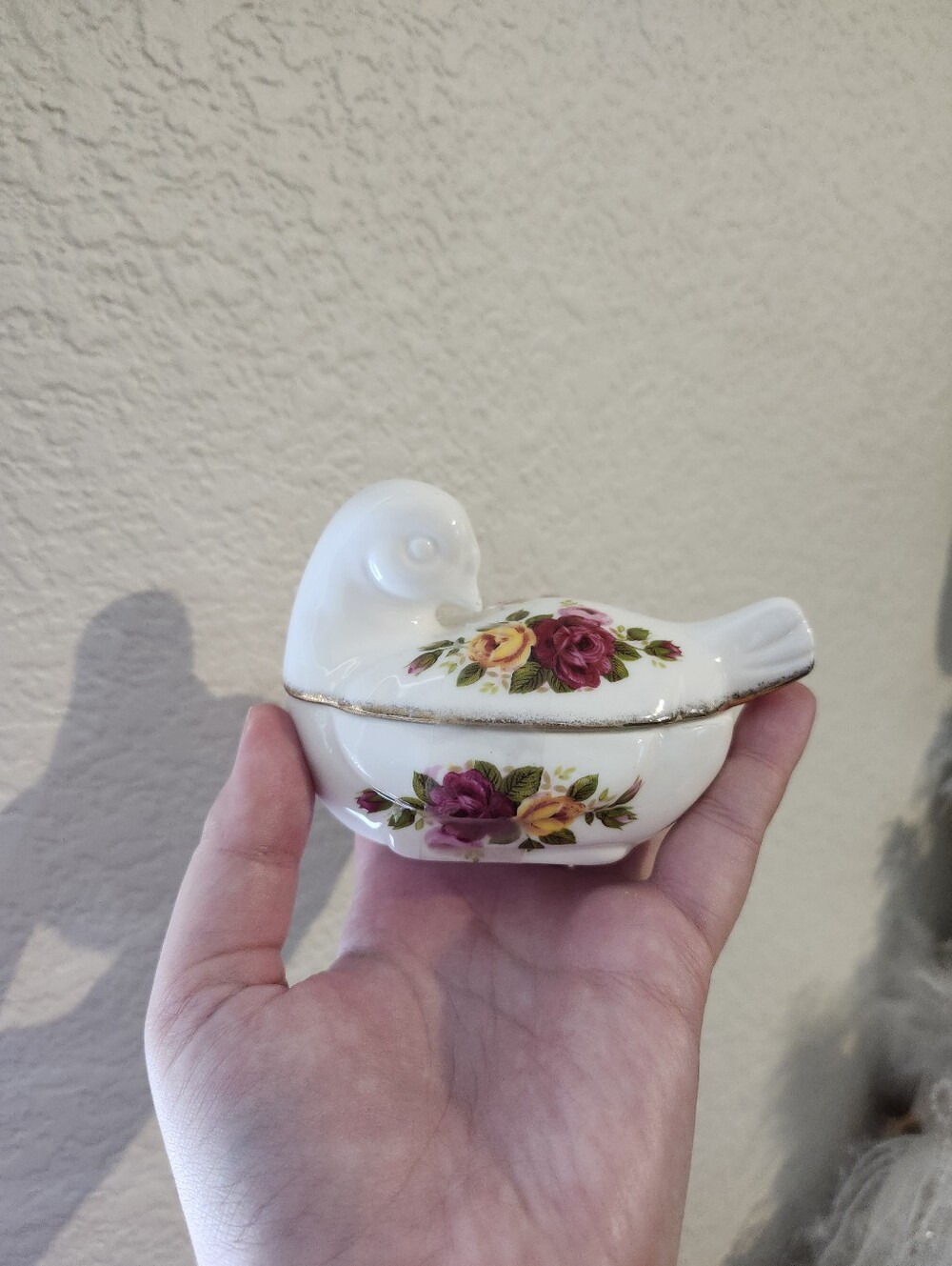 Royal Albert White Floral Ceramic Bird Trinket Box with Gold Trim
